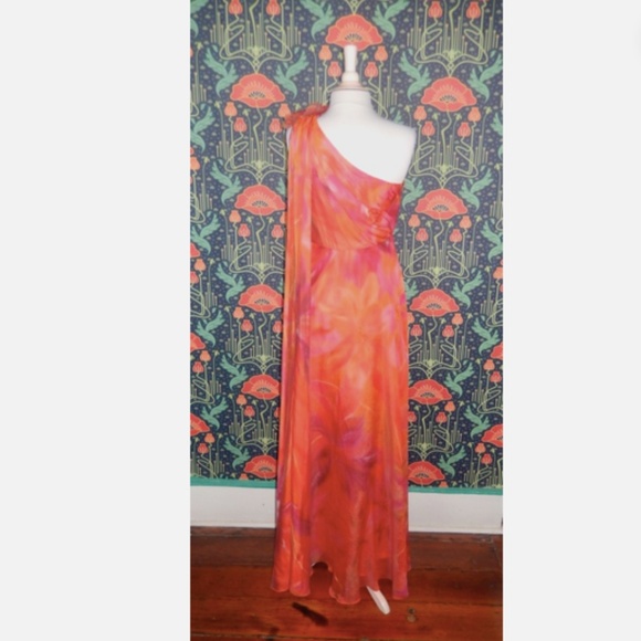 Muse Marchesa One Shoulder Hibiscus Orange Evening Gown Formal Dress - Picture 9 of 9